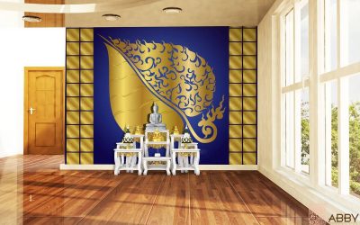 สไตล์การแต่งห้องพระ กับภาพวอลเปเปอร์ลายใบโพธิ์สีทองใบใหญ่