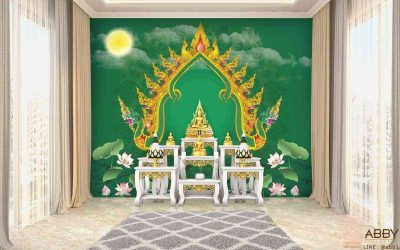 จัดห้องพระเสริมโชคลาภบารมีด้วยภาพดอกบัวอยู่คู่จั่วพญานาค