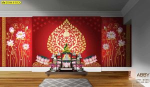 กรุผนังลายโพธิ์และดอกบัว พื้นหลังสีแดง
