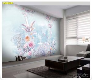 วอลเปเปอร์แต่งผนังสีฟ้าลายดอกไม้