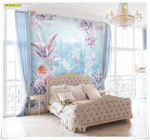 ภาพแคนวาสติดผนังสีฟ้าลายดอกไม้