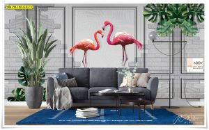 วอลเปเปอร์แต่งผนังลายอิฐขาว นกฟลามิงโก้