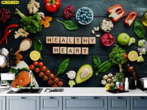 ภาพติดผนังวอลเปเปอร์ลายผักผลไม้สดใหม่สำหรับตกแต่งร้านอาหารเพื่อสุขภาพสไตล์เฮลธี่โทนสีสดใส