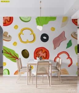 วอลเปเปอร์ภาพอาหารแนวการ์ตูนที่เน้นสีสันสดใสและความสนุกสนานเหมาะสำหรับตกแต่งร้านอาหารสำหรับครอบครัวและร้านอาหารเด็ก