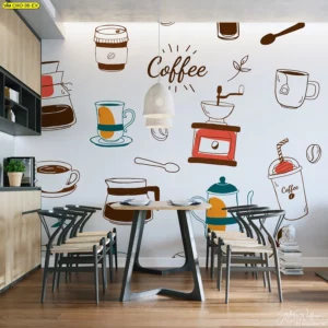 วอลเปเปอร์ลายกาแฟ กราฟิกสีพาสเทลและน้ำตาลตกแต่งผนังร้านอาหารหรือคาเฟ่ สร้างบรรยากาศสดใสและชวนให้นั่งนาน