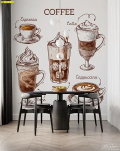 วอลเปเปอร์ศิลปะลายเส้นแนววาดมือ สไตล์เบเกอรี่กาแฟ ใช้ตกแต่งคาเฟ่ ร้านกาแฟ ห้องรับแขกหรือพื้นที่ส่วนกลางให้ดูทันสมัยมีเอกลักษณ์