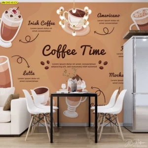 ภาพเมนูกาแฟตกแต่งคาเฟ่ ดูง่ายผ่านวอลเปเปอร์กราฟิกคุณภาพ ช่วยให้ลูกค้าตัดสินใจและจดจำลุคของร้านตลอดเวลา
