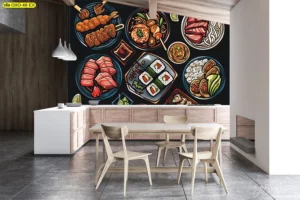 วอลเปเปอร์ภาพอาหารที่ใช้วัสดุผ้าแคนวาสคุณภาพสูงเหมาะสำหรับงานตกแต่งภายในร้านอาหารและห้องรับประทานอาหารที่ต้องการความสวยงาม