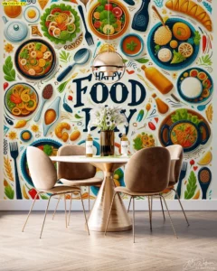 ภาพพื้นหลังตกแต่งห้องรับประทานอาหารที่ใช้กราฟิกอาหารน่ารับประทานในดีไซน์ทันสมัยและสีสันสวยงามสร้างแรงบันดาลใจ