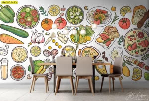 ภาพติดผนังร้านอาหารที่มีอาหารไทยหลากหลายชนิดในสไตล์โมเดิร์นเหมาะกับพื้นที่ขนาดกลางถึงใหญ่ในร้านอาหารและร้านกาแฟ