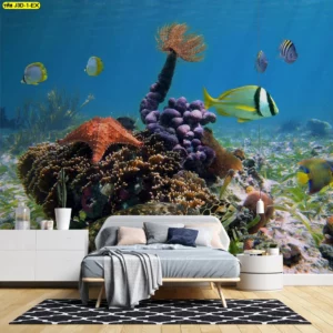 ภาพสามมิติสีสันสดใสของโลกใต้ทะเลเขตร้อน ประดับด้วยปลาแปลกตาและพืชทะเลหลากชนิด เปลี่ยนผนังเปล่าให้กลายเป็นสวรรค์ใต้น้ำ