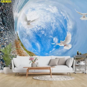 ภาพวอลเปเปอร์สไตล์พาโนรามา 360 องศา นกเป็ดสีขาวบินเหนือชายหาดหิน สร้างมิติเสมือนจริงสำหรับห้องพักโรงแรมบูติก