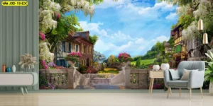 วอลเปเปอร์ภาพวิวท่องเที่ยว หมู่บ้านยุโรปโบราณแนวสวนดอกไม้สร้างบรรยากาศอบอุ่นเหมาะกับห้องอาหารหรือโถงโรงแรมสไตล์คันทรี