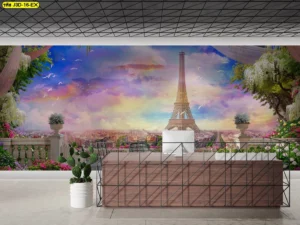 ภาพสั่งพิมพ์วิวหอไอเฟลตัดกับท้องฟ้าหลากสีในช่วงเย็น เติมความหรูหราให้ลอบบี้และห้องสัมมนาโรงแรม