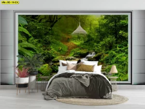 ภาพงานศิลปะตกแต่งห้องนอนลายป่าธรรมชาติมีลำธารไหลผ่านหินใหญ่สไตล์สแกนดิเนเวียน