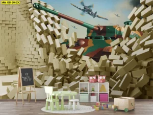 วอลเปเปอร์ภาพสามมิติ เครื่องบินรบและรถถังทะลุกำแพง โทนเขียวน้ำตาลตกแต่งห้องเด็กสร้างบรรยากาศผจญภัยกระตุ้นจินตนาการเด็ก