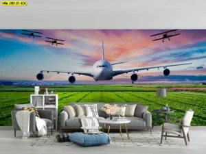 ภาพวอลเปเปอร์เครื่องบินขนาดใหญ่บนท้องฟ้าเหนือทุ่งหญ้าสีเขียว เหมาะสำหรับห้องประชุมโรงแรมหรือพื้นที่ต้อนรับแขกสำคัญ