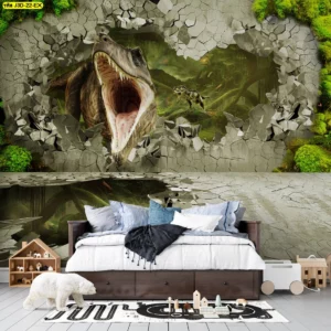 ภาพไดโนเสาร์ทะลุผนังสามมิติโทนเขียวธรรมชาติตกแต่งห้องนอนเด็กสไตล์จูราสสิกสร้างโลกแฟนตาซี