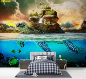 ภาพใต้ทะเลแฟนตาซีสุดอลังการ ประดับด้วยเต่าทะเลยักษ์และน้ำตกบนเกาะลอยฟ้า สร้างมุมมองสองชั้นระหว่างโลกใต้น้ำและบนบก