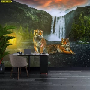 ห้องทำงานแต่งด้วยวอลเปเปอร์ภาพวิวน้ำตกใหญ่มีเสือโคร่งคู่นั่งริมน้ำสไตล์ซาฟารีหรูหราโทนสีเขียวส้มทอง