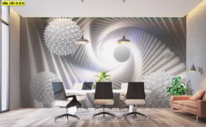วอลเปเปอร์ภาพสามมิติ ลวดลายเรขาคณิตสีขาวเทาตกแต่งห้องประชุมสไตล์โมเดิร์นสร้างมิติความลึกให้ผนัง