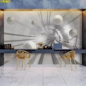 วอลเปเปอร์ภาพสามมิติ ลายอุโมงค์แสงสีขาวเงิน ตกแต่งผนังหลังโต๊ะทำงานสร้างแรงบันดาลใจและความคิดสร้างสรรค์