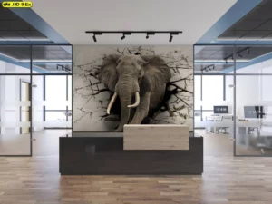 ภาพตกแต่งผนังช้างสามมิติทะลุผนังสไตล์รีอัลลิสติกโทนน้ำตาลเทาสร้างความประทับใจในห้องนั่งเล่นโมเดิร์น