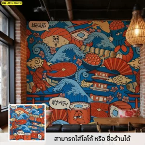 วอลเปเปอร์ศิลปะอาหารญี่ปุ่นแนวคอมิกส์ สร้างความแตกต่างการตกแต่งร้านด้วยลายกราฟิกและสีสันสดใส ดึงดูดกลุ่มลูกค้าเช็กอินในร้านเป็นจำนวนมาก