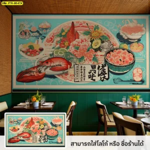 วอลเปเปอร์อาหารญี่ปุ่นตกแต่งร้านอาหาร ผลิตจากผ้าแคนวาสหน้ากว้าง ติดตั้งโดยทีมงานมืออาชีพ สามารถเพิ่มข้อความหรือชื่อร้านในภาพได้