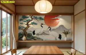 ภาพศิลปะกระเรียนคู่ริมทะเลสาบกับภูเขาและพระอาทิตย์แดง โทนเทาอ่อนสมดุล เหมาะห้องส่วนตัวสไตล์ญี่ปุ่น เน้นความสงบและความสัมพันธ์อันกลมกลืน