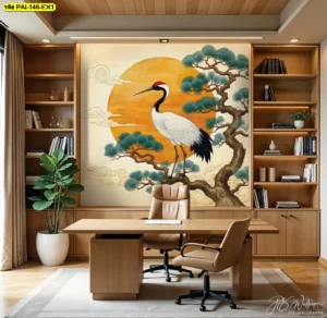 ภาพศิลปะนกกระเรียนบนต้นไม้ในโทนสีเหลืองอุ่นของห้องทำงาน ช่วยสร้างบรรยากาศที่มั่นคงและสง่า