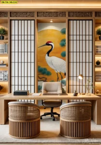 วอลเปเปอร์นกกระเรียนและทิวทัศน์ธรรมชาติสไตล์ญี่ปุ่น ผสมผสานเฟอร์นิเจอร์ไม้และแสงธรรมชาติ ช่วยยกระดับอารมณ์พื้นที่ให้สงบและน่าอยู่
