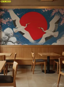 ฉากฟ้ากรมตัดดวงอาทิตย์แดงขนาดใหญ่ รายล้อมด้วยกลีบซากุระสีชมพูอ่อน ใช้เป็นแบ็กดรอปเช็กอินในร้านอาหารธีมญี่ปุ่น เพิ่มคุณค่าในการบอกต่อ