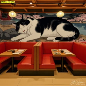 ยกระดับประสบการณ์ลูกค้าร้านอาหารญี่ปุ่นด้วยวอลเปเปอร์ภาพแมวนอนหลับแสนน่ารักพร้อมวิวทิวทัศน์ศาลเจ้าและซากุระ