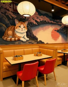 วอลเปเปอร์ภาพพิมพ์สั่งทำลายแมวญี่ปุ่นสำหรับตกแต่งร้านอาหารเพื่อสร้างบรรยากาศที่เป็นเอกลักษณ์และดึงดูดลูกค้าให้ถ่ายรูป