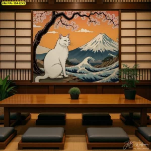 ดีไซน์ภาพวิวแมวคู่คลื่นและภูเขา วางสเกลเต็มผนังห้องอาหารญี่ปุ่น เบาะนั่งพื้น เต็มไปด้วยกลิ่นอายดั้งเดิม