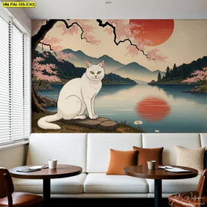 วอลเปเปอร์ติดผนังลายแมวส้มและภูเขาฟูจิสำหรับตกแต่งร้านคาเฟ่สไตล์มินิมอล ช่วยสร้างบรรยากาศที่ผ่อนคลายและน่ารัก