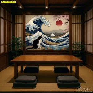 งานพิมพ์ลายแมวกรอบใหญ่กลางผนัง ห้องนั่งเล่นสไตล์อบอุ่น เน้นสมดุลสีส้ม น้ำเงิน ครีม ให้บรรยากาศนุ่ม