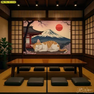 รูปติดผนังร้านอาหารญี่ปุ่นลายแมวส้มตัวใหญ่นั่งริมแม่น้ำยามเย็นพร้อมดอกซากุระบานสะพรั่งสร้างบรรยากาศอบอุ่น