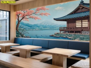 ผนังคาเฟ่ไม้สไตล์โมเดิร์นญี่ปุ่นประดับภาพวาดวิวทะเลสาบและวัดริมฟูจิ เสริมบรรยากาศร้านอาหารให้กลายเป็นมุมถ่ายภาพยอดนิยมของลูกค้า