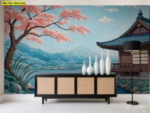 ผนังนั่งเล่นสีฟ้า–ชมพูมีแจกันดอกไม้บนโต๊ะไม้เรียบ ขับเน้นวอลเปเปอร์วิวธรรมชาติญี่ปุ่นให้โดดเด่น เป็นองค์ประกอบหลักของการจัดวางภายใน