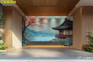 ภาพห้องโถงต้อนรับตกแต่งผนังลายภูเขาฟูจิซากุระ สไตล์ญี่ปุ่นร่วมสมัย โทนฟ้า–ชมพู ใช้เป็นจุดไฮไลต์สร้างบรรยากาศอบอุ่นและชวนถ่ายรูป