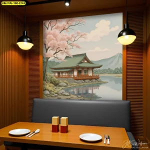 ศิลปะสไตล์ญี่ปุ่นวาดเส้นเรียบง่าย โทนเขียวหม่น‑ครีม ช่วยพักสายตา เหมาะพื้นที่ทำงานเงียบและห้องอาหารส่วนตัวในสำนักงาน