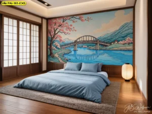 ห้องพักเตียงเตี้ยบิ้วต์อินไม้กับผนังภาพวิวฟูจิและซากุระ รายละเอียดท้องฟ้าเมฆนุ่มนวล ให้ความสงบเหมาะกับโฮสเทลหรือที่พักธีมญี่ปุ่นร่วมสมัย