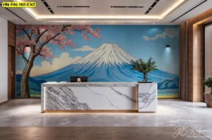ภาพวอลเปเปอร์ภูเขาไฟฟูจิหลังเคาน์เตอร์ต้อนรับ โทนฟ้า–ชมพู เสริมจุดเช็กอินล็อบบี้โรงแรม สร้างภาพจำพรีเมียมสำหรับแขก