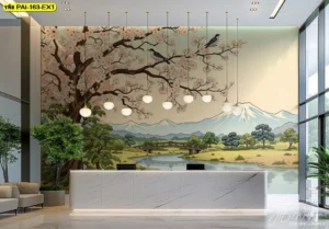 วอลเปเปอร์ภูเขาไฟฟูจิ หลังเคาน์เตอร์ต้อนรับ วางไฟส่องผนังเพื่อลดแสงสะท้อน คุมโทนสีให้เข้ากับพื้นหินอ่อนสีสว่าง