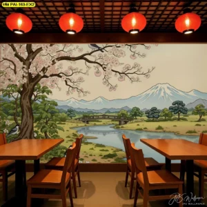 ภาพพาโนรามาฟูจิในร้านอาหาร จัดสเกลให้กิ่งไม้ไม่ชนโคมแขวน โทนห้องอบอุ่น เพิ่มบรรยากาศ