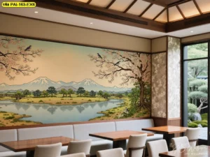 ร้านอาหารบรรยากาศอบอุ่น โทนครีม–เขียว–น้ำเงินของภาพฟูจิ เข้าคู่โต๊ะไม้และเพดานระแนง สร้างเอกลักษณ์ร้านชัดเจน