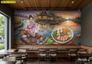ภาพพิมพ์ผนังโซนอาหารไทยในฟู้ดคอร์ทขนาดใหญ่ ดีไซน์ตลาดน้ำและแม่ค้าก๋วยเตี๋ยวเรือแบบสมมาตรดูโดดเด่นและมีมิติ