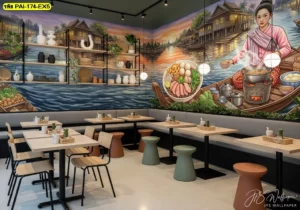 วอลเปเปอร์ร้านอาหารสไตล์ไทยคอนเทมโพรารี ตกแต่งด้วยภาพศิลปะการทำก๋วยเตี๋ยวเรือในบรรยากาศเรือนไทยริมแม่น้ำ